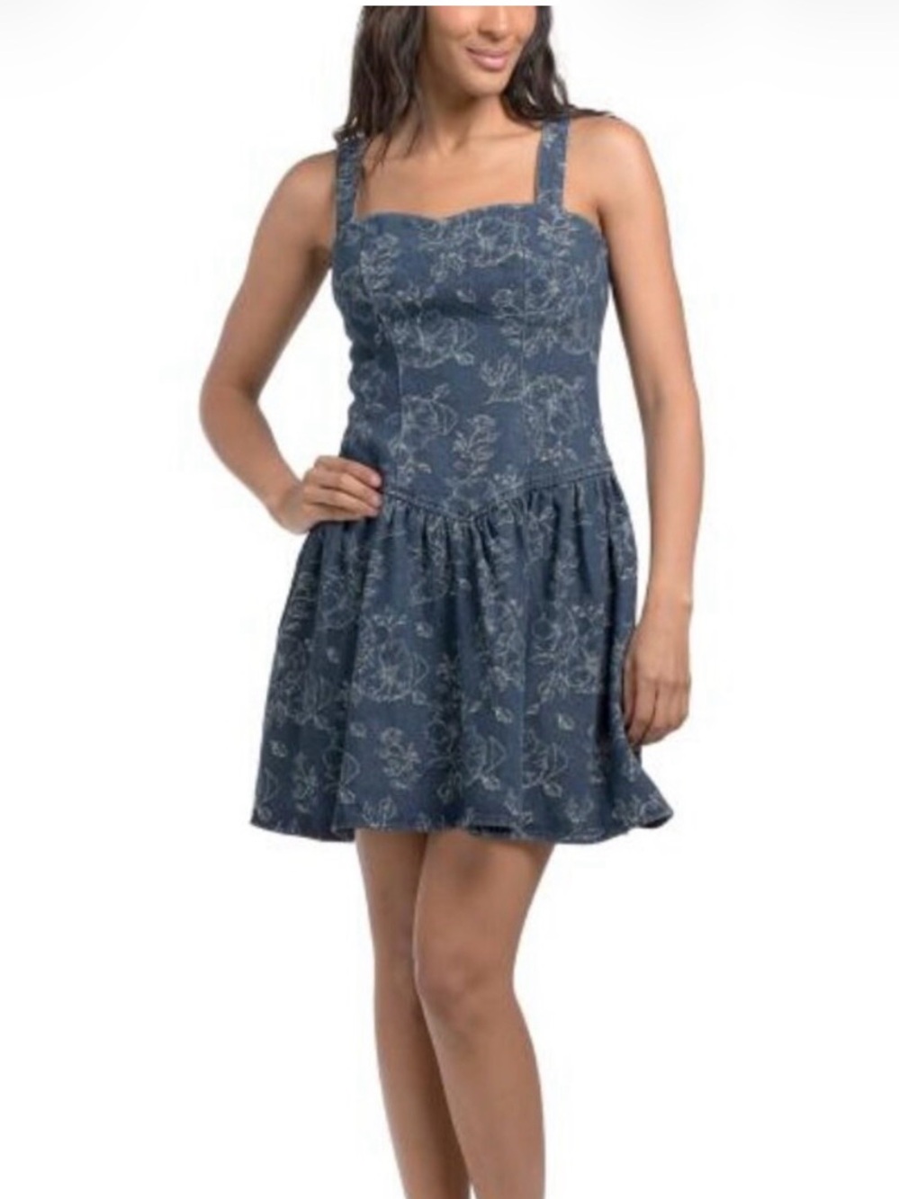 NWT NVLT Denim Floral Fit and Flare Dress Large